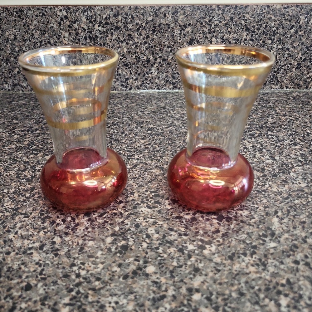 2 Bartlett Collins Cranberry Glass Bud Vases Gold Stripes 1950s MCM Vintage 4"